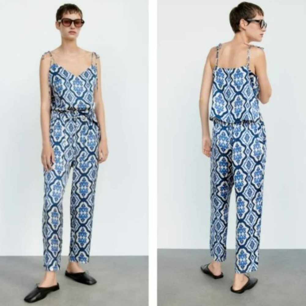 Zara Satin Ikat Print Camisole and Pant Set, NWT, Size S